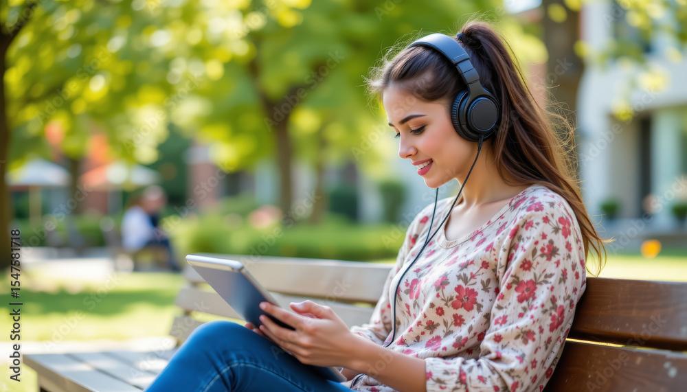 Fototapeta premium Young woman sitting on park bench wearing headphones and enjoying music on digital tablet with smile on her face