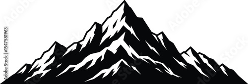 Mountain silhouette vector with snow peaks, black and white landscape, natural rocky terrain, alpine scenery, wilderness illustration, outdoor adventure background, minimal highland clipart
