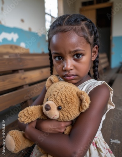 Child embracing teddy bear abandoned classroom portrait photography emotional setting close-up view innocence and hope