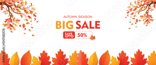 Vector autumn sale background with vibrant leaves frame. Includes “Fall for it” 50% off offer. Perfect for web, social media, or fashion advertising
