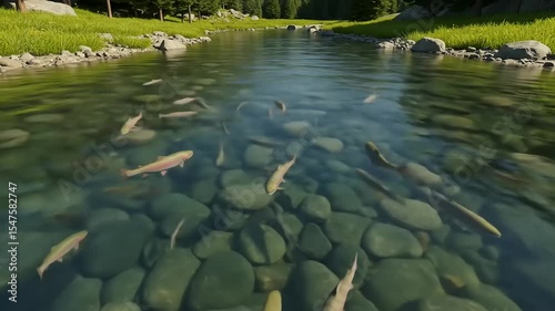 Tranquil river scene with colorful fish swimming among smooth stones in a lush green forest
