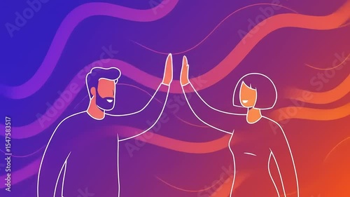 Two individuals joyfully high-fiving against a vibrant abstract background, symbolizing teamwork