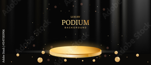 Luxury golden podium on a dark background with spotlights and sparkling particles. Elegant setting for showcasing products or awards. Vector
