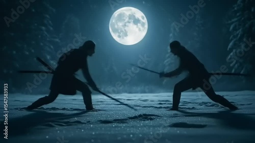 Two warriors engaged in a sword fight under a full moon in a snowy forest, creating a dramatic scene