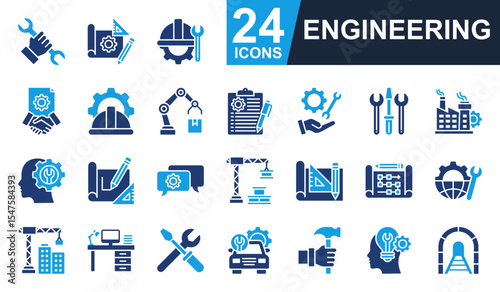 Engineering Icons set vector illustration. Containing engineer, repair, construction, blueprint, factory and more. Simple solid icons collection.