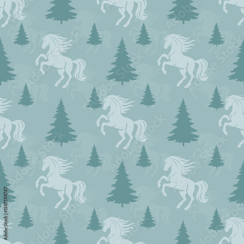  Fabric pattern, horse pattern, graphic pattern designed in a seamless pattern. The background uses a light gray-blue tone, giving a calm, cool feeling. The horse is in 