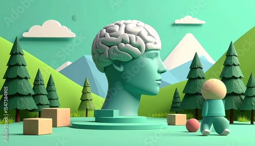Creative Landscape with Human Head and Brain Model
