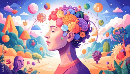 Creative Mind: Woman with Colorful Thoughts and Ideas in a Dreamscape