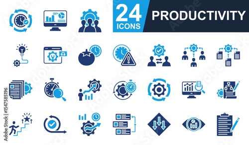 Productivity Icons set vector illustration. Containing team management, technique, efficiency, automation, routine and more. Simple solid icons collection.