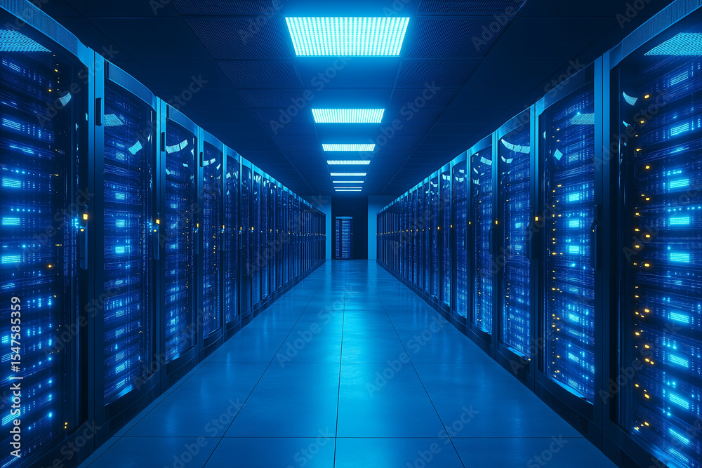 Fototapeta premium Server racks in high tech data center with blue lighting for cloud computing and network storage