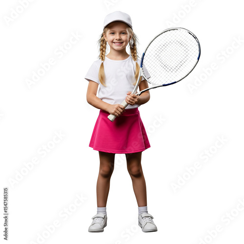 Smiling girl holding a tennis racket isolated on transparent background