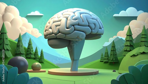 Abstract Brain Landscape: Mental Health Concept with Trees, Clouds and Mountains