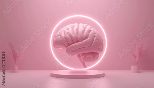 Pink Brain with Neon Ring: Minimalist Concept for Brain Health & Ideas