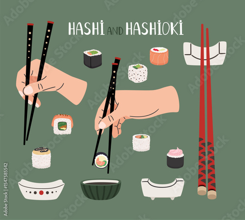 Collection of asian wooden chopsticks Hashi with hands and Hashioki, soy souce, sushi and rolls vector illustration