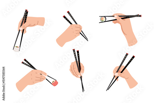 Collection of hands with asian wooden chopsticks vector illustration