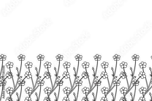Line art botanical floral horizontal border with meadow flowers isolated on white background. Hand drawn outline little wildflowers vector illustration.Graphic design element for Birthday Wedding Card