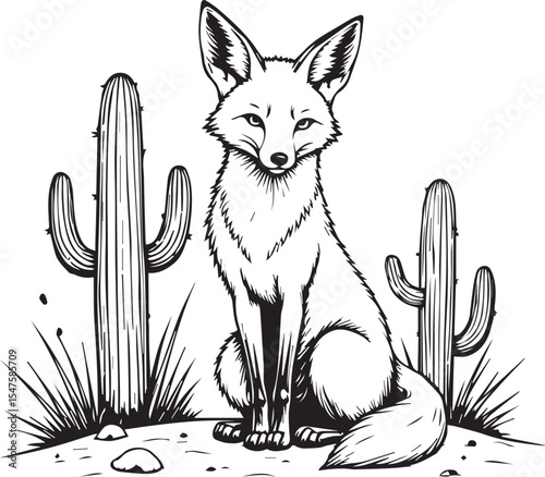 Desert Fox: A lone fox surveys its desert domain. Cacti and grasses punctuate the landscape, depicting the fox's quiet strength and adaptability in the arid environment.