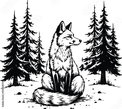 Wise Fox in Wilderness: A detailed pen-and-ink illustration showcases a majestic fox, radiating intelligence, amidst a backdrop of towering fir trees.