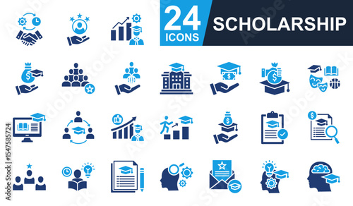 Scholarship Icons set vector illustration. Containing dedication, university, tuition, endowment, studying and more. Simple solid icons collection.