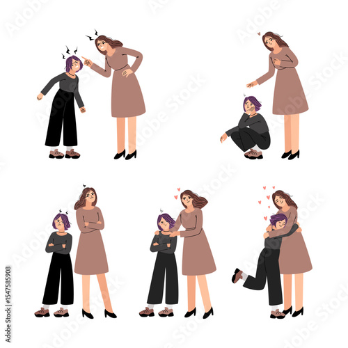 Stages of resolving conflict between mother and daughter. Quarrel, conciliation, offense, angry shout in relationships of close people