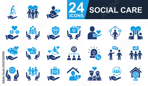 Social care Icons set vector illustration. Containing elderly care, community, donation, family support, volunteer and more. Simple solid icons collection.