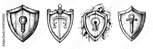 Collection of hand-drawn shields with keys and swords in isolated sketch  