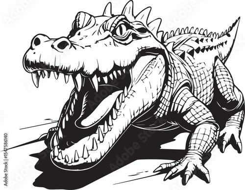 Powerful Alligator: A detailed monochrome illustration of a formidable alligator, captured in a dynamic pose with its mouth wide open, showcasing its sharp teeth and textured skin.