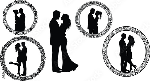 Romantic couple silhouette in elegant pose, framed love illustration design, wedding or Valentine’s concept, vintage decorative border vector set for romantic moments collection