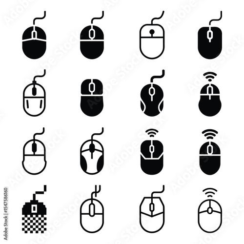 Sixteen Black and White Computer Mouse Icons Various Styles Wired Wireless wired mouse