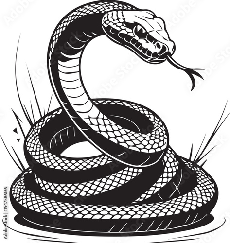 Striking Serpent: A detailed black and white depiction of a serpent coiled in a defensive posture, exuding a sense of power and reptilian mystique.
