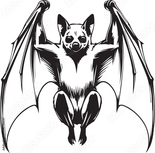 Nocturnal Messenger: A stark black and white illustration captures the essence of a bat, showcasing its spread wings and unique form, symbolizing night, mystery, and the natural world.