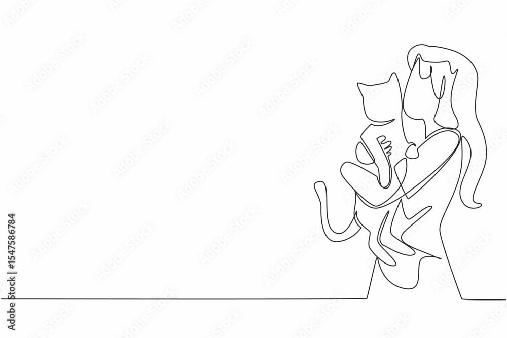 Fototapeta premium Single continuous line drawing a woman hugs and kisses a cat. The only pet that truly loved. Always walk together in evening and weekends. National Pet Parents Day. One line design vector illustration