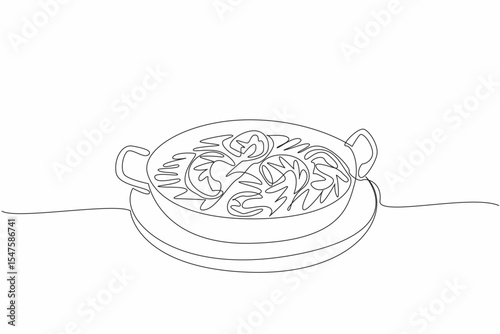 Single one line drawing shrimp scampi served in round pan and wooden cutting board. Serving to keep food warm for a long time. National Shrimp Scampi Day. Continuous line design graphic illustration