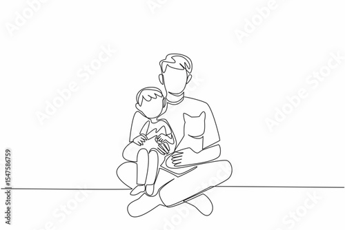 Continuous one line drawing a father sits on the floor hugging his son and a cat. The feeling of having fun joking together. Cute. National Pet Parents Day. Single line draw design vector illustration