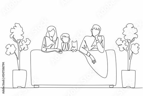 Single one line drawing mother and father, a son and a cat sitting on the sofa, their backs to the sofa. Uniqueness of the family. National Pet Parents Day. Continuous line design graphic illustration