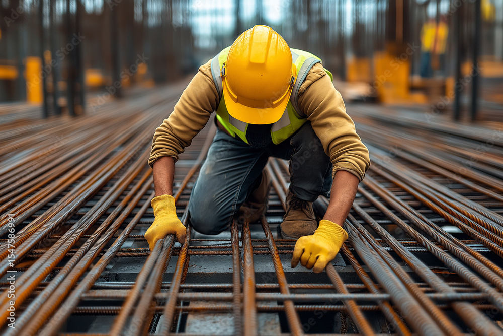 Builder in safety gear securing rebar at building site for construction and labor visuals Builder in safety gear securing rebar at building site for construction and labor visuals