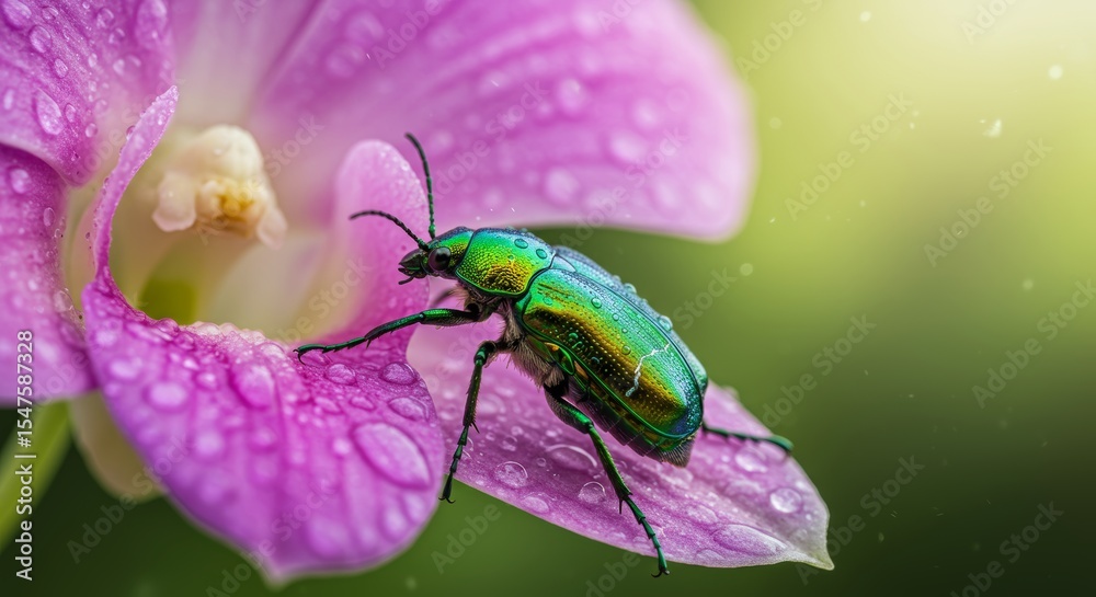 Fototapeta premium Vibrant Green Beetle on Dew-Kissed Orchid
