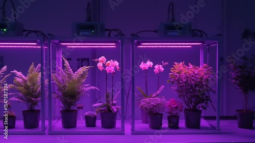 Vibrant indoor garden featuring various plants under purple LED lights in a modern greenhouse setting