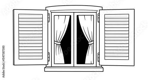 Sketch Style Vector Drawing of Open Home Window – Isolated Illustration