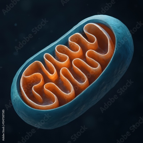 Detailed 3D Illustration of a Mitochondrion with Inner Membrane Structure in Blue and Orange
