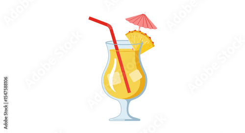 Vector Cartoon Illustration of a Pina Colada in a Glass with Umbrella and Straw