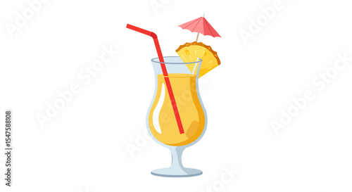 Vector Cartoon Illustration of a Pina Colada in a Glass with Umbrella and Straw
