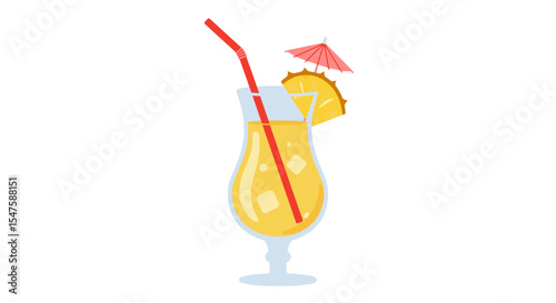 Vector Cartoon Illustration of a Pina Colada in a Glass with Umbrella and Straw