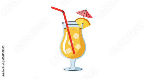 Vector Cartoon Illustration of a Pina Colada in a Glass with Umbrella and Straw