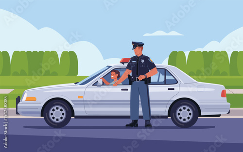 Police Officer Assisting Driver A Flat Vector Illustration