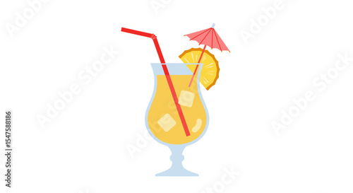 Vector Cartoon Illustration of a Pina Colada in a Glass with Umbrella and Straw