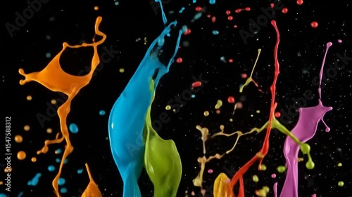 Vibrant splashes of colorful paint against a black background, creating an energetic and dynamic scene