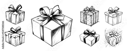 Gift box sketches in black and white with various designs and bows  