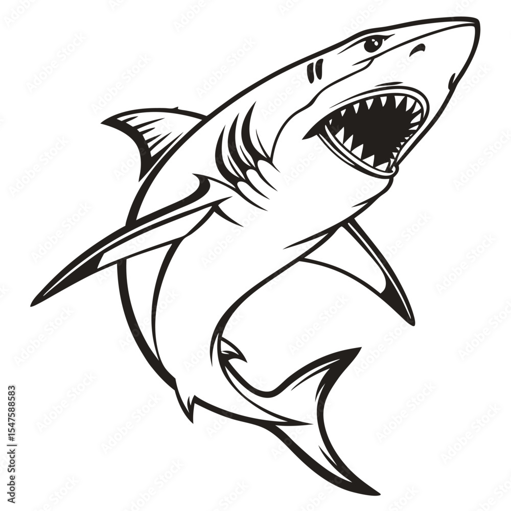 Fototapeta premium Great White Shark Vector Illustration Black and White Open Mouth