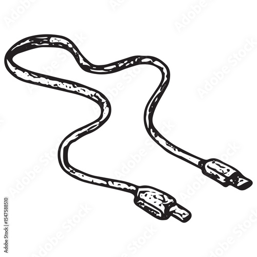 Black and white hand-drawn illustration of a travel USB cable, ideal for depicting tech connectivity in artistic adventure and travel designs